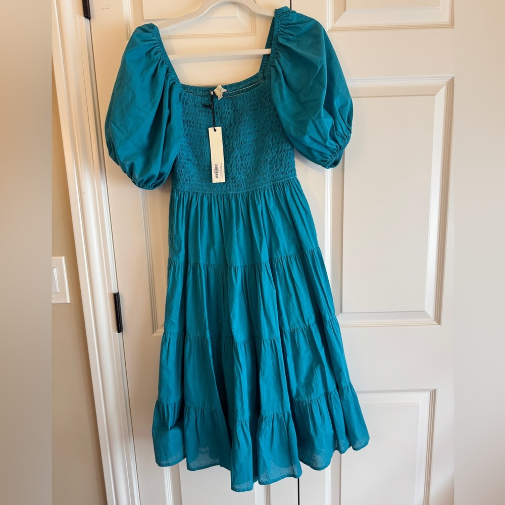 Pinch Teal Puff Sleeve smocked ruffled bottom Dress teal blue